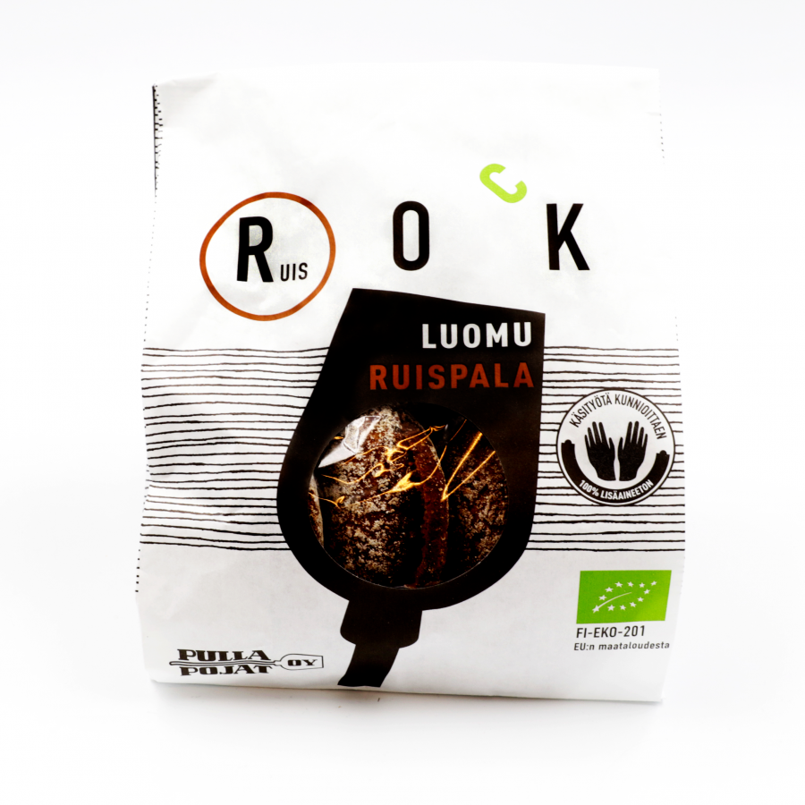 The packaging bag of Pulla-Poikien ROK organic rye bread.